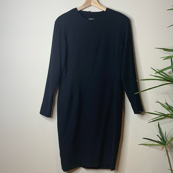 Pearl C | Vintage Black Crepe Wool Lined Long Sleeve Sheath Dress 6 - Picture 1 of 17